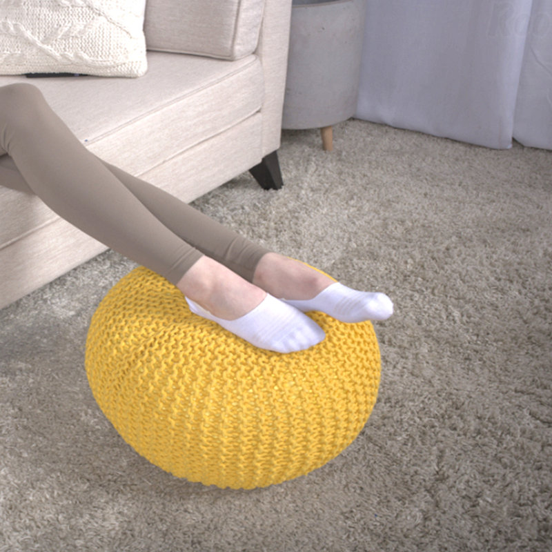 Cotton Upholstered Round Pouf Ottoman, Yellow