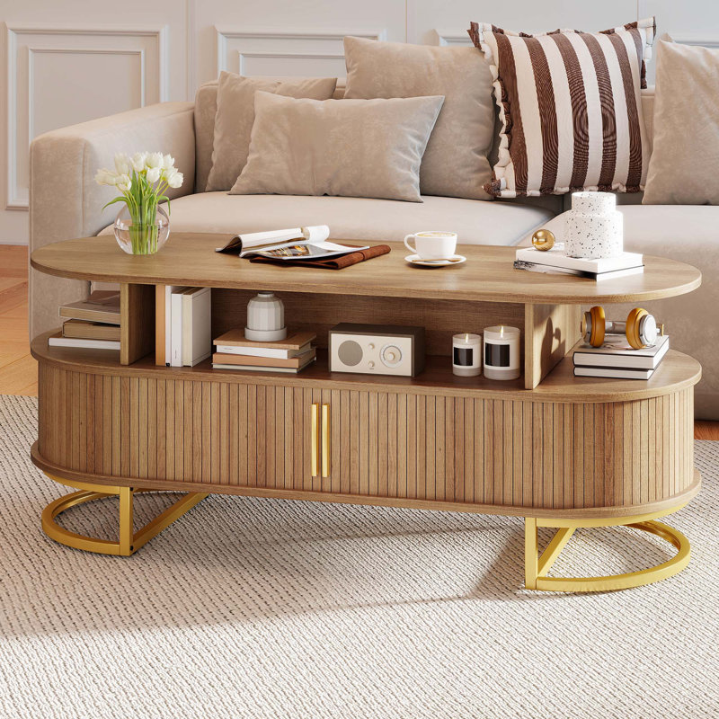  47.2" Oval Coffee Table With Curved Sliding Doors & Storage