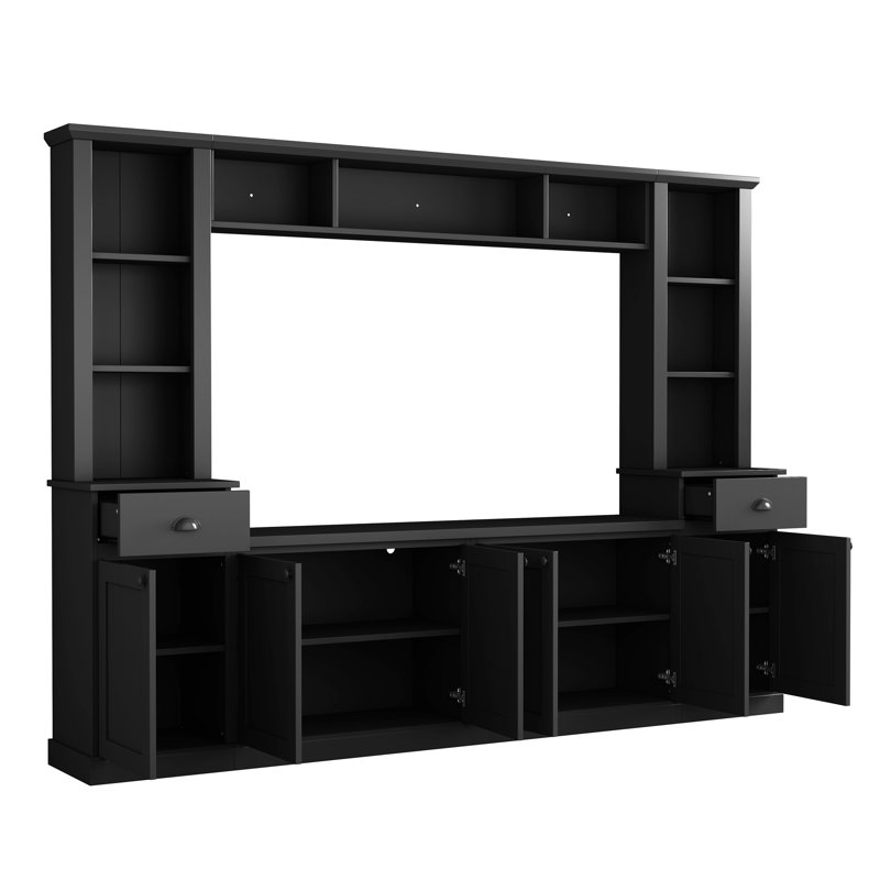 Meuble télé pour téléviseurs de 75 pouces, noir, avec grand espace de rangement et hauteur réglable, style moderne.