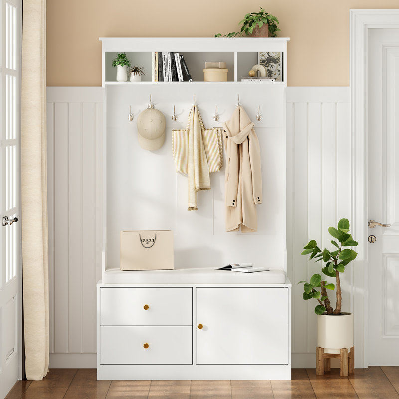 Hall Tree 40.1" Wide with Storage Bench, White