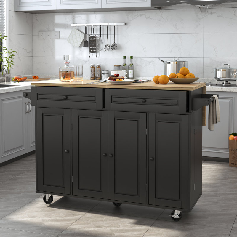 55" Rolling Mobile Kitchen Cart With Drop Leaf, Rubber Wood Top Kitchen Island Table On Wheels With Drawer And Storage Cabinet
