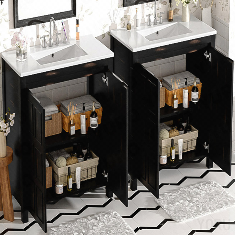 Ensemble de meuble-lavabo 72 po avec lavabos doubles (séparés), lavabos doubles en céramique, portes à fermeture en douceur et tablette réglable - Armoire de rangement espresso rétro pour une organisation élégante de la salle de bain