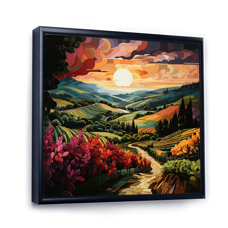 «Vineyard Sunset Rows Of Ruby Landscape I», reproduction sur toile, Cadre flottant noir, H 30 po x l 30 po x P 1 po