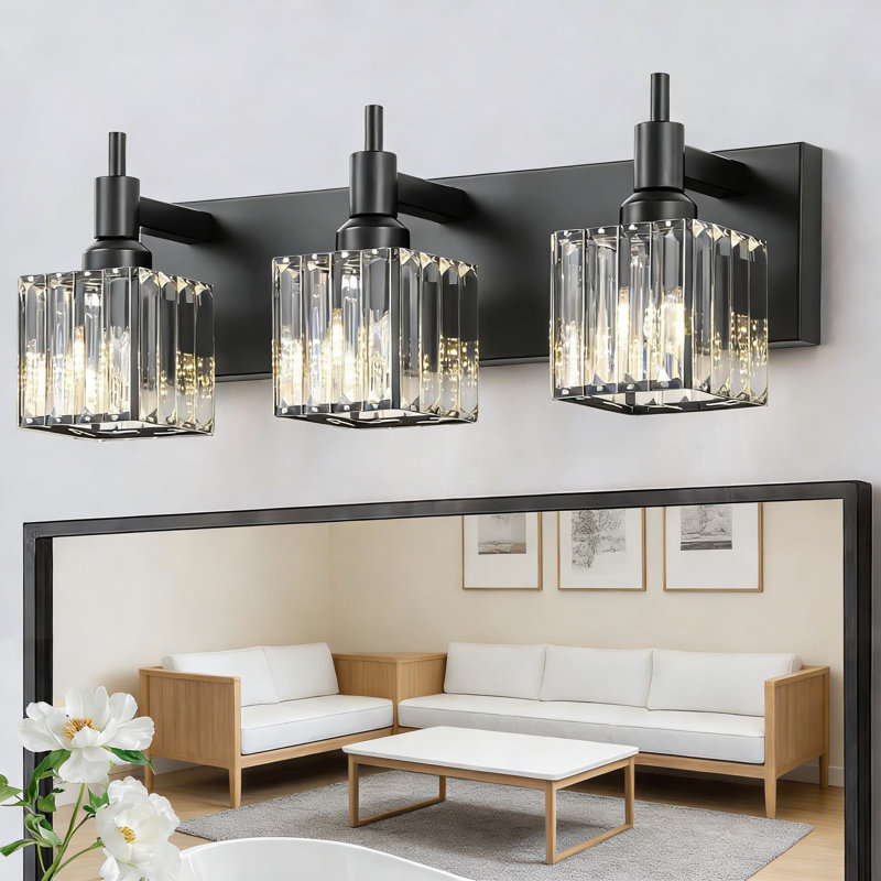 Luminaire de salle de bain moderne en cristal noir avec abat-jour carré, applique murale 3 lumières pour un éclairage miroir, design durable et élégant