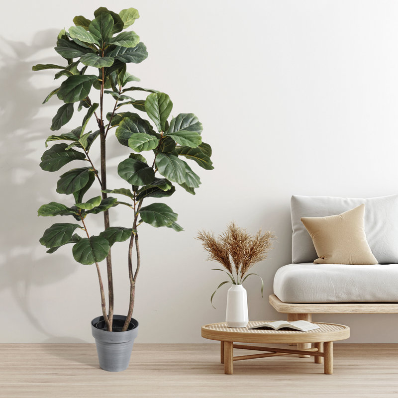 Faux Plants Artificial Tree 61'' Tall Fiddle Leaf Fig Tree in Black Pot Indoor for Home Office Décor