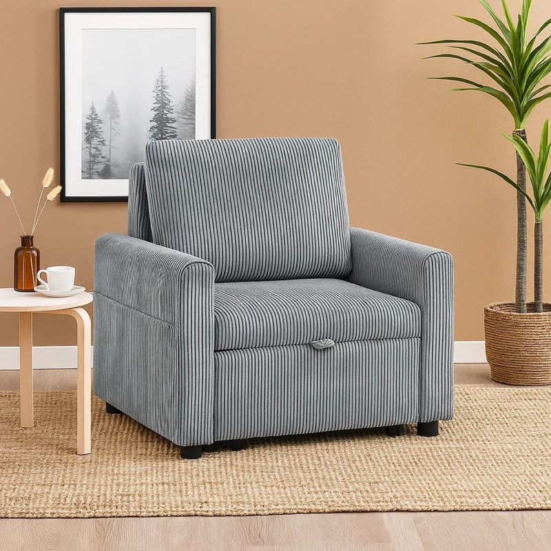 Swin Accent Armchair With Pull-Out Chaise, Grey Corduroy And Foam