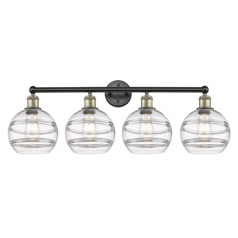 Éclairage pour meuble-lavabo à 4 lumières à intensité variable Chartoff, Transparent, Noir/laiton antique