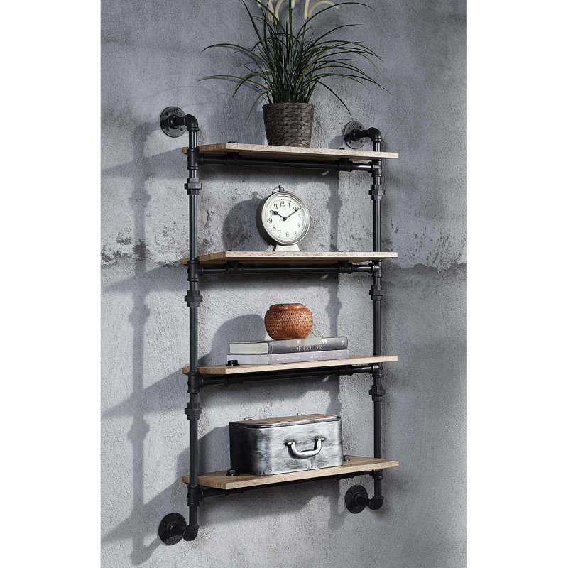 4 Tier Wall Shelf With Sandy Black And Oak, Water Pipe Design For Spacious Office Storage, 23"L Shelf, 47" Product Height Home 9"W 52" Package Depth