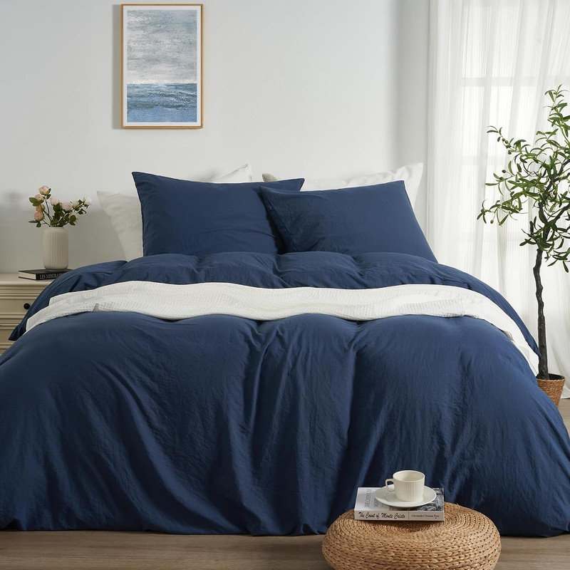 Ensemble de literie 3 pièces en coton uni minimaliste, 100 % coton lavé, Twin Duvet Cover + 1 Standard Sham, Navy