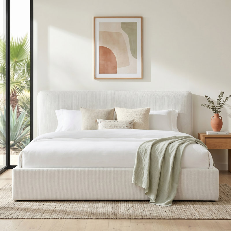 Lit tapissier courbé moderne avec rangement relevable, très grand, lin crème, Crème, Très grand lit