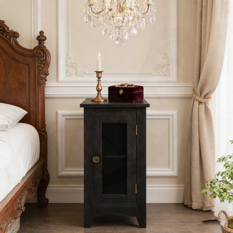 Rectangle Narrow Accent Side Table with Storage Cabinet and Metal Mesh Door for Space-Saving Versatility., Black