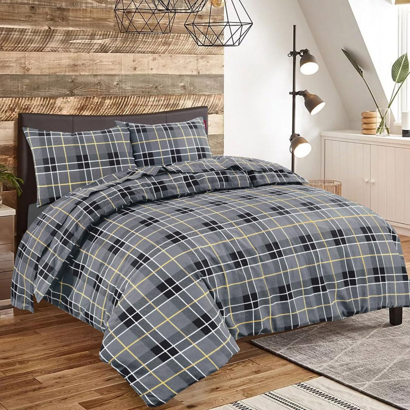 NZ Flannel Plaid Duvet Cover Set with Pillowcases, Single, Grey