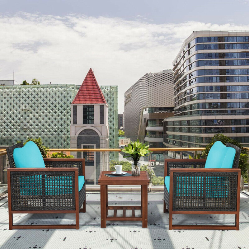 Oxford Outdoor 3 Pieces Acacia Wood Patio Furniture Set with Coffee Table, Turquoise