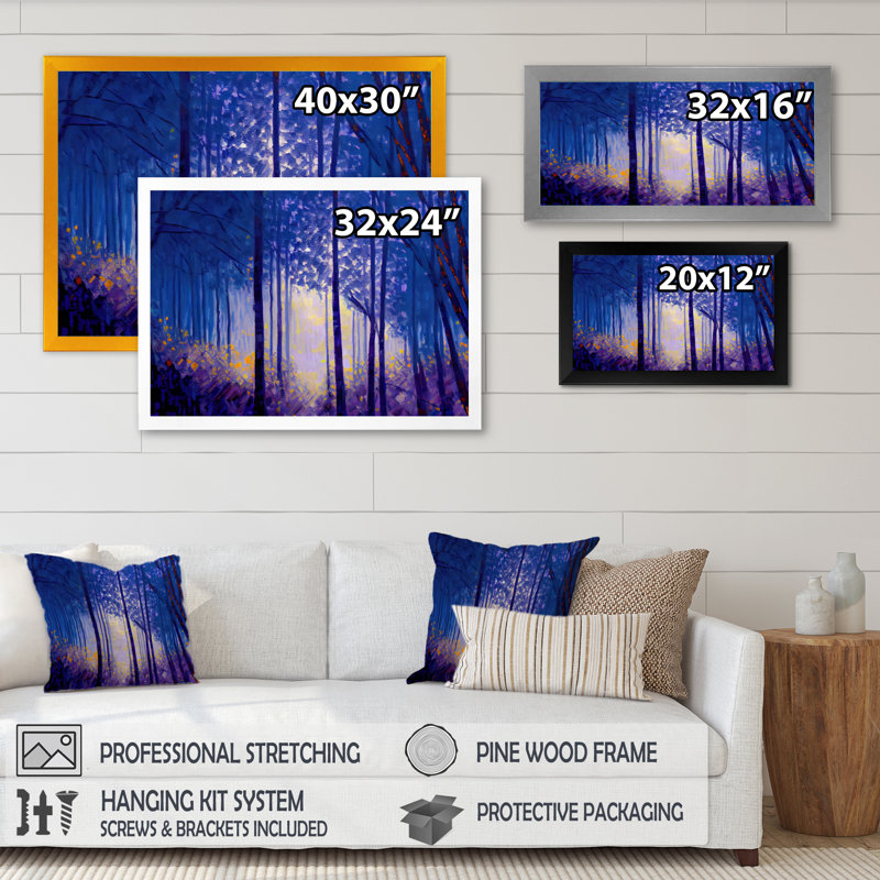 «Blue Watercolor Trees at Dawn», reproduction sur toile, Impression noire sur toile encadrée, H 12 po x l 20 po x P 1 po