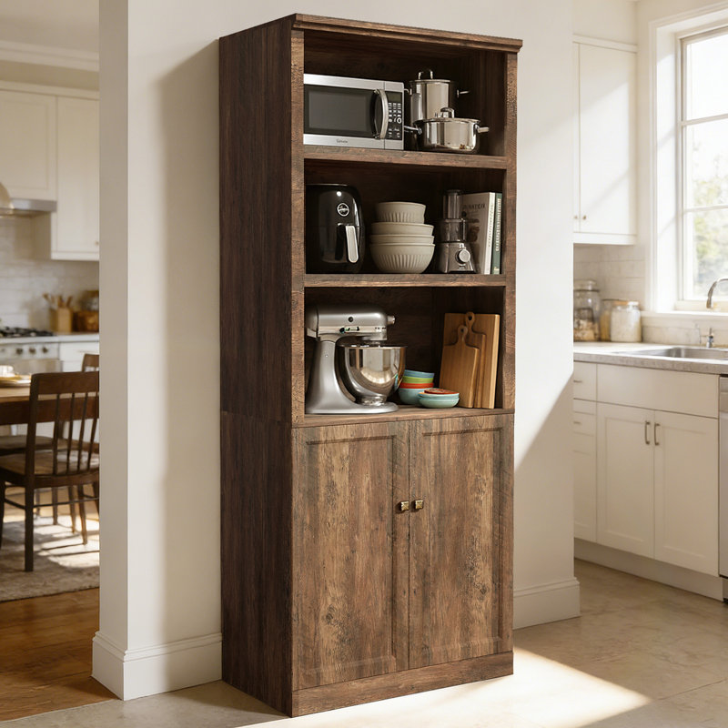 81.50"H Freestanding Kitchen Storage Cabinet Pantry Buffet Cabinet With Built-In Charging Station & Open Shelves for Dining Room,Entryway, Bathroom,Living Room, Brown