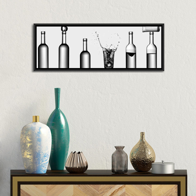 " Bottles Game " by Valeriy Kasmasov, 12" H x 36" W x 1.5" D, Black Framed