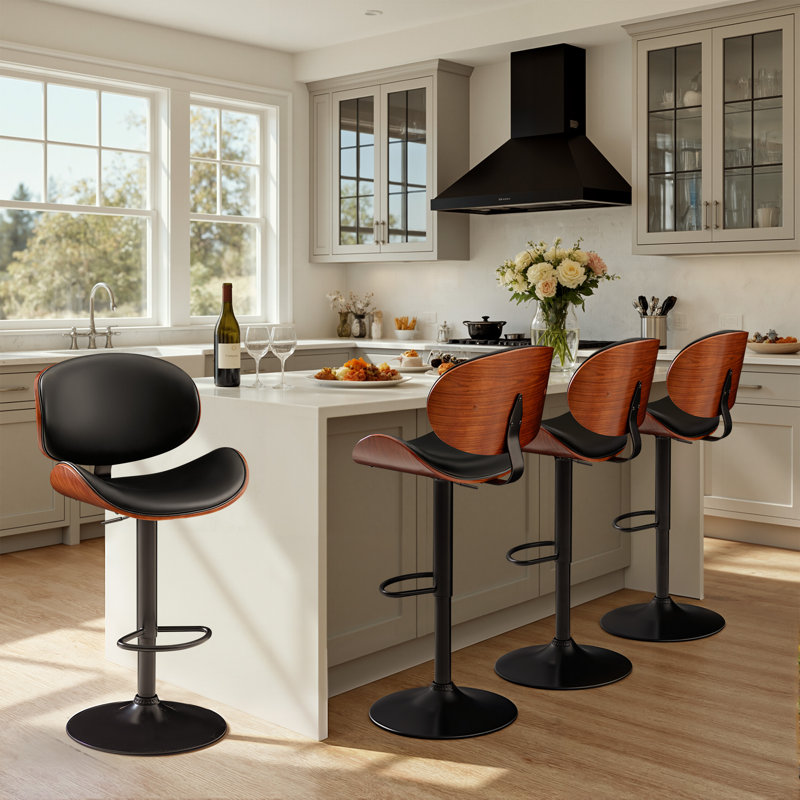 Swivel Adjustable Height Bar Stool With Metal Frame Upholstered  Counter Stool With Bentwood, Black