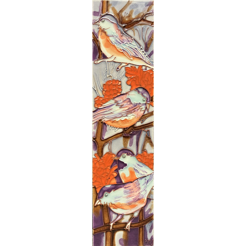 Handcrafted Ceramic Art Tile with Colorful Chickadee Design, 4x16"
