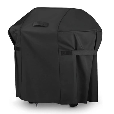 Heavy Duty BBQ Grill Cover, Waterproof & Weather Resistant. UV, Fade & Rip-Proof Material. Hook-and-Loop Straps & Adjustable Hem Drawstring. Fits Weber, Genesis, Charbroil Etc. Black.