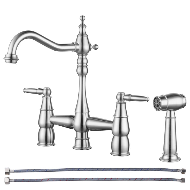 Double Handle Bridge Kitchen Faucet With Faucet-side Sprayer In Brushed Nickel, Brushed Nickel