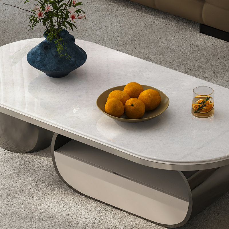 Table basse moderne en marbre ovale, H 13,8 po x L 51,2 po x l 27,6 po, Blanc