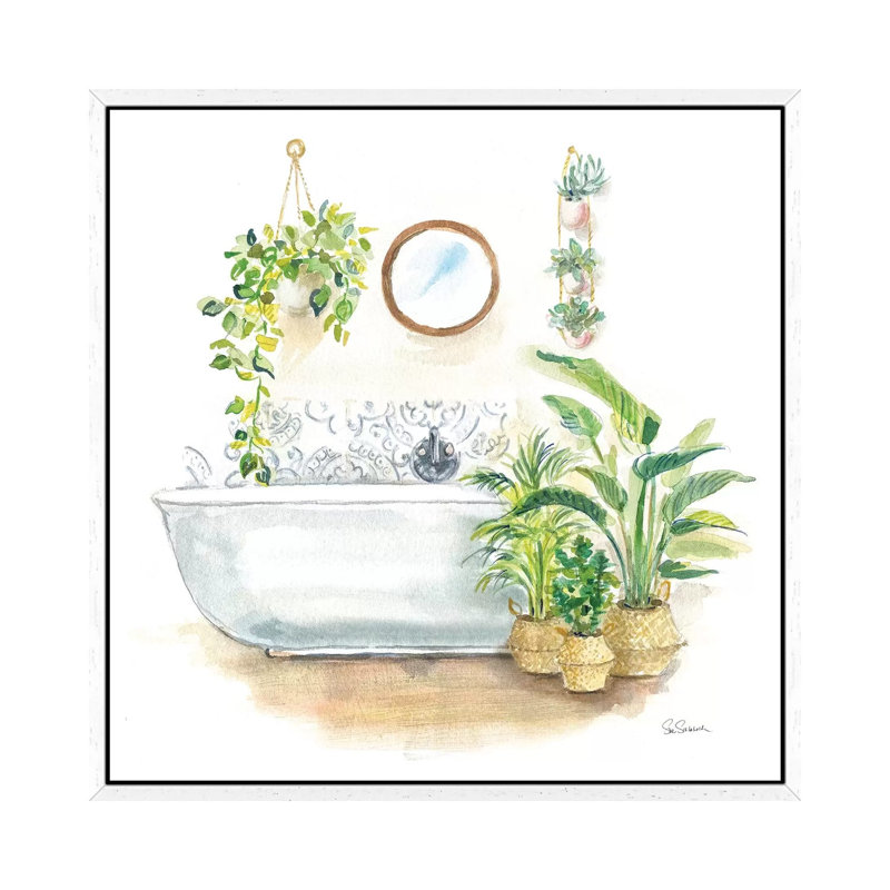 Greenery Bath II by Sue Schlabach - Painting on Canvas, 45.72cm H x 45.72cm W x 3.81cm D, White Floater Framed