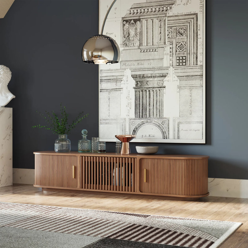 Meuble télé Mid-Century moderne à porte tambour, entièrement assemblé, H 16,54 po x L 79 po x l 15,75 po, Brun