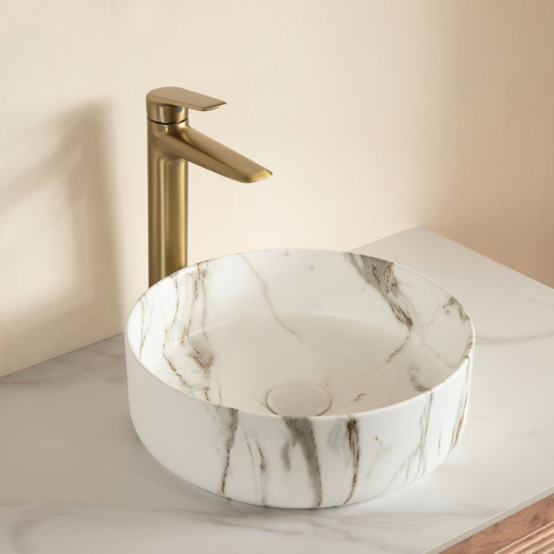 Lavabo vasque rond en céramique de 14 pouces, motif pierre, blanc mat, convenant aux comptoirs de lavabo de salle de bain de 13,95 pouces avec divers