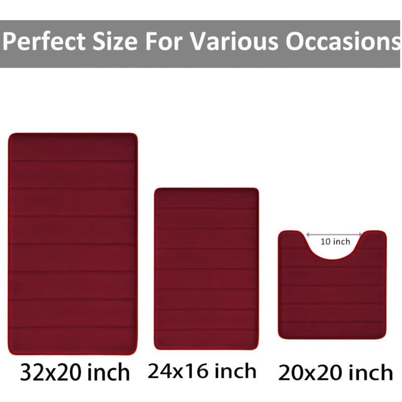 3-piece Memory Foam Bathroom Rug Set Burgundy