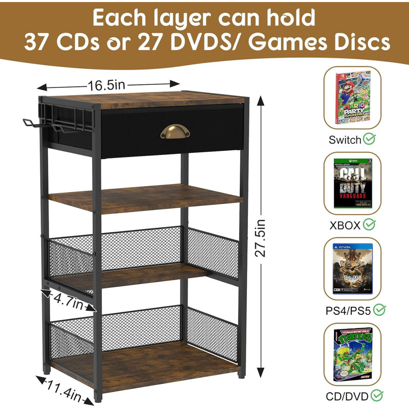 4-Tier AV Media Stand With Drawer, Video Game Console Shelf With 2 Hooks, Audio Rack Tower Perfect For/Xbox/ PS5/Switch/Game Consoles/DVD/Record Player/Projector/Sky Box/TV Accessories