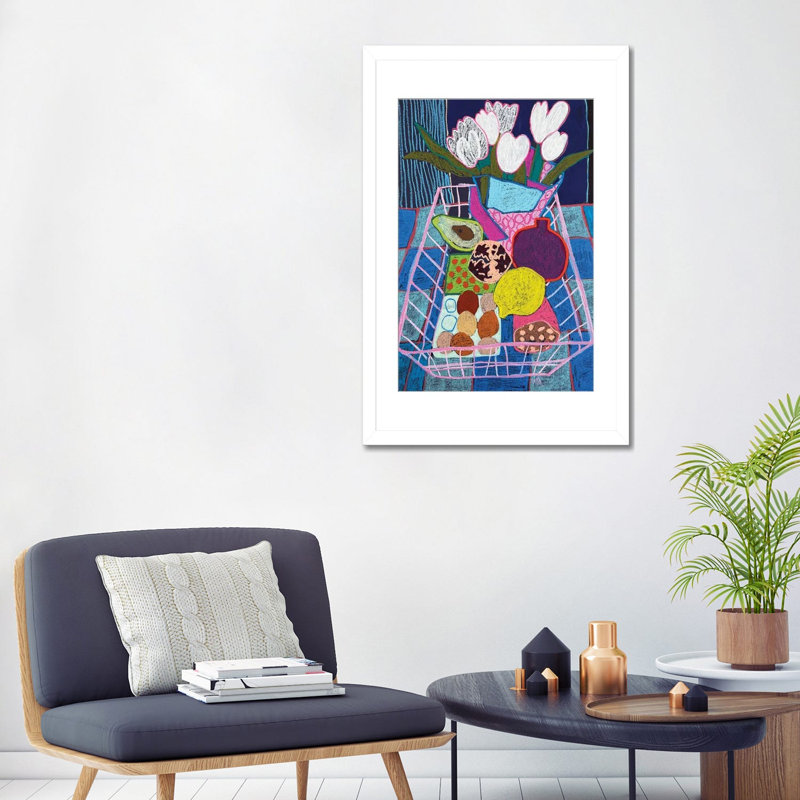 «Pink Basket Still Life», reproduction d'art murale - papier d'art encadré, 32 po x 24 po, Framed Paper, White