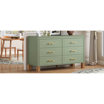 Commode double 6 tiroirs en vert sauge, armoire de rangement moderne avec poignées en métal et pieds en bois massif, organisateur de tiroir pour chambre d'enfant, commode en bois robuste avec préinstallé