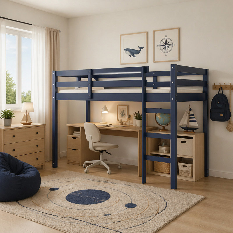 Lit mezzanine simple en bois massif et en bois d'hévéa avec échelle, plateforme de lattes renforcées, bleu (ancien numéro de référence W504P190958)