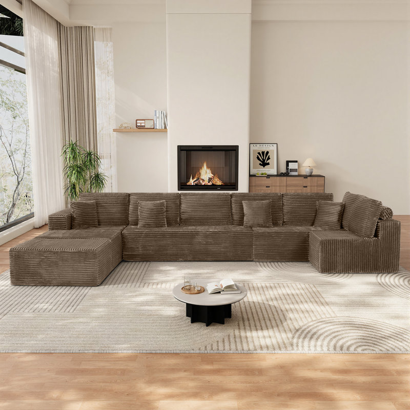 177"W Oversized Modular Corduroy Sectional Sofa with Deep Seating Neck Roll Pillows, Light Brown Corduroy
