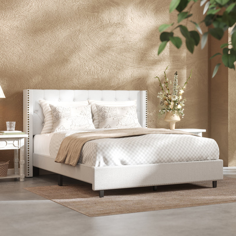 Upholstered Bed Frame with Wingback Tufted Headboard, Queen, White