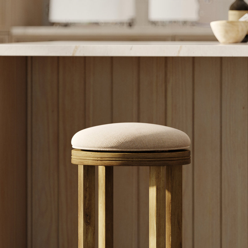 Counter-Height 26In Swivel With Backless Design, Upholstered Cream Fabric, 4 Legs, Metal Footrest Plate Style, Supports,