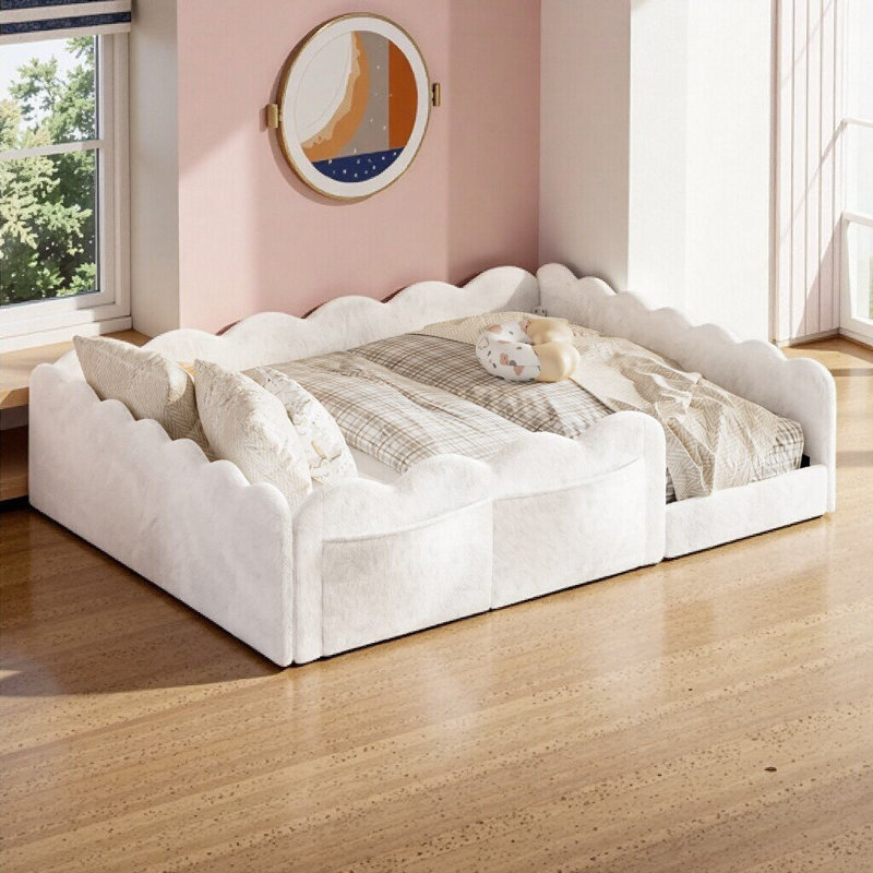 Lit de sol Montessori Varelon Luxe recouvert de fourrure de lapin, avec barrières de sécurité festonnées et poches latérales