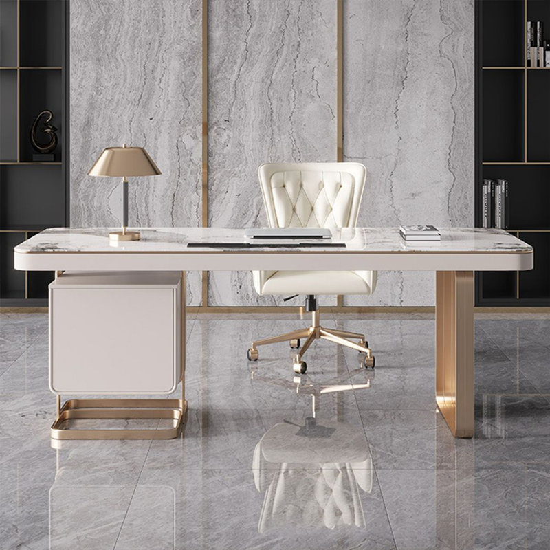Bureau blanc crème + fritté rectangulaire or + bois manufacturé avec 3 tiroirs, H 29,53 po x l 70,87 po x P 27,56 po 