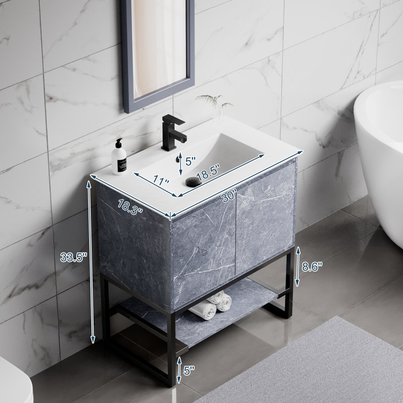 Azai 30'' Modern Single Bathroom Vanity Set with Sink Top, Faucet, Open Shelf, Metal Frame, Gray