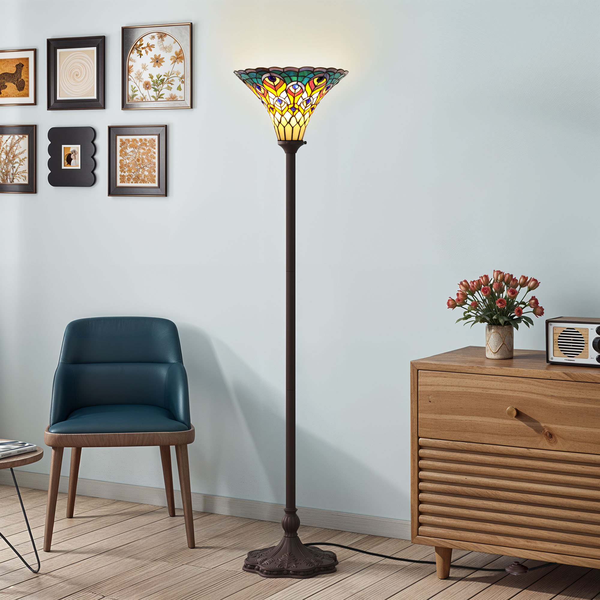 Astoria Grand Antique-Style Floor Lamp with Handcrafted Glass Shade and ...