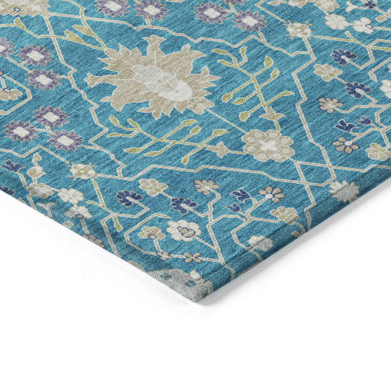 Teal Flat Woven Rectangular Synthetic Washable Rug
