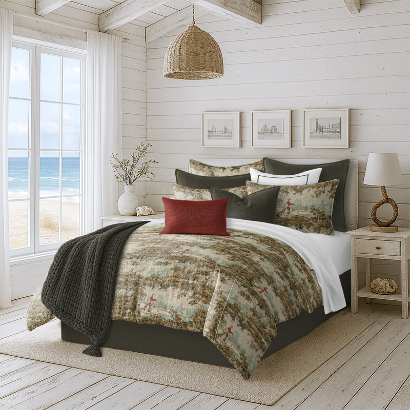 Greenwood Ivory/Red Linen Duvet Cover Set, Twin Duvet + 1 Standard Shams