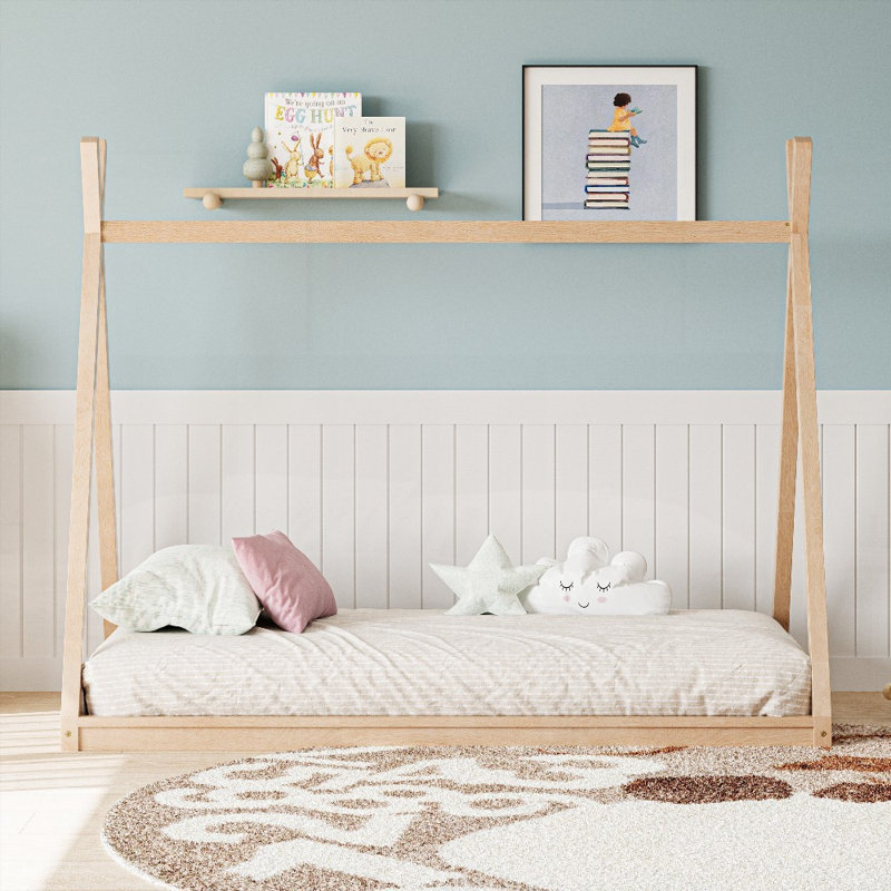 Lit simple en bois pour enfants - style Montessori, plancher bas, sans lattes, naturel et amp; Stable, Naturel