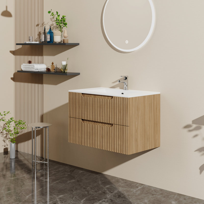 Ensemble de meuble-lavabo mural 30 po avec évier flottant, système de fermeture en douceur, 2 très grands tiroirs, noyer