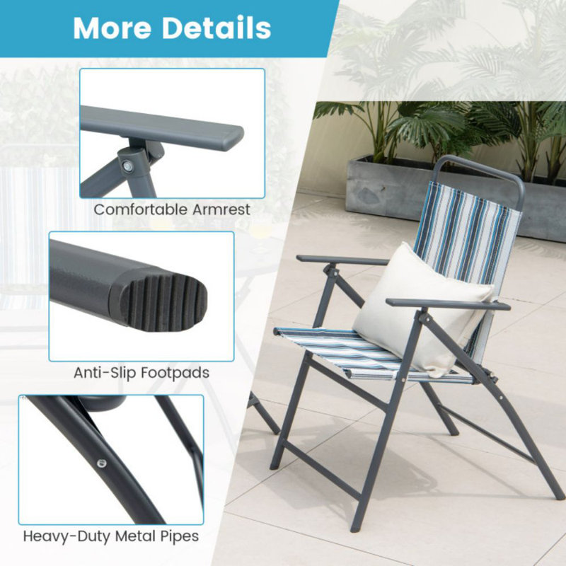 Blue Striped Metal and Fabric Outdoor Folding Chair Set