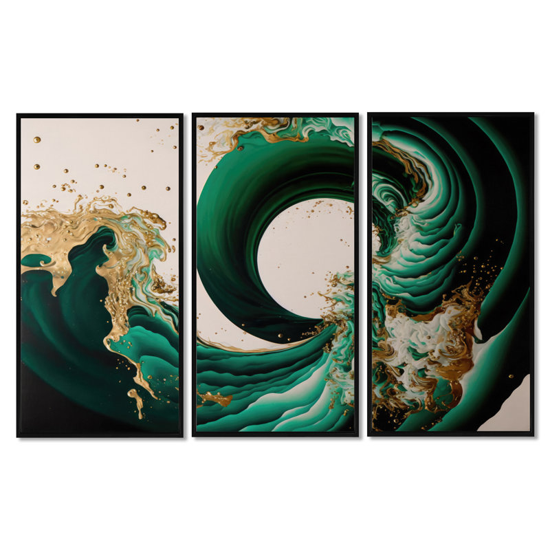 Beffrey Divaraj vert émeraude et vagues abstraites dorées IV - 3 pièces, reproduction sur toile, H 28 po x l 36 po, Noir