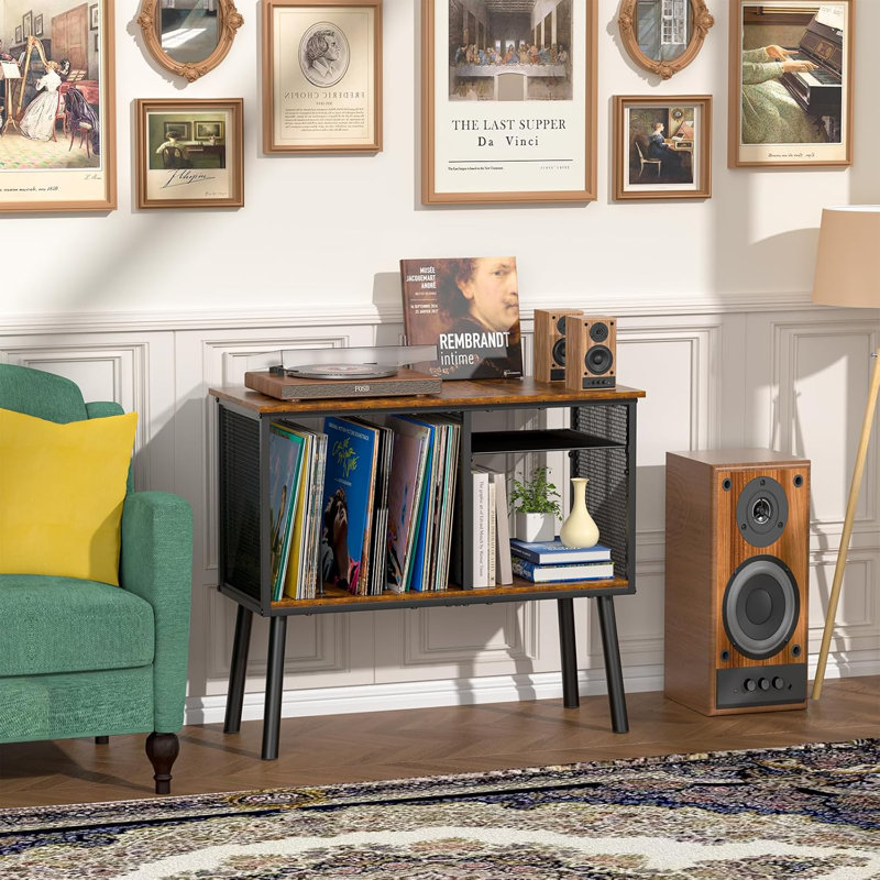 Support pour tourne-disque avec support de rangement en vinyle pour séparateur réglable jusqu'à 200 albums Mid-Century