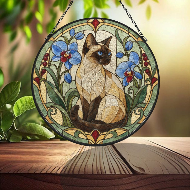 Vitrail représentant un chat siamois et des orchidées bleues - Panneaux artistiques en vitrail - Attrape-soleil pour la décoration de fenêtre