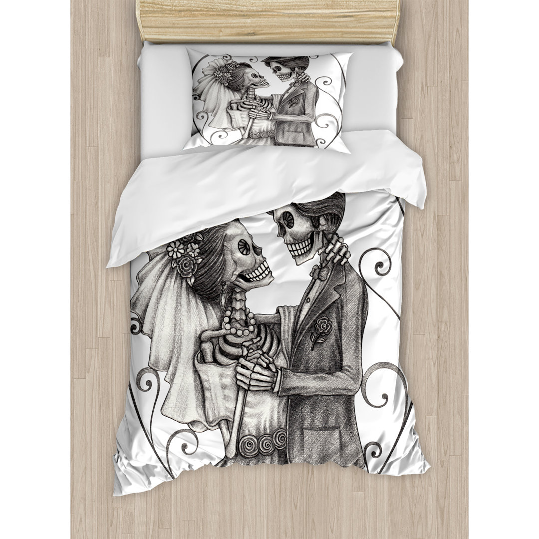Decor Love Skull Skeleton Marriage Duvet Cover Set Ambesonne 