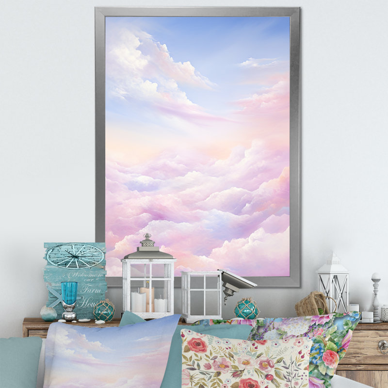 " Pink Clouds Scenery Minimalism ", Silver Single Picture Framed, 44" H x 34" W x 1.5" D